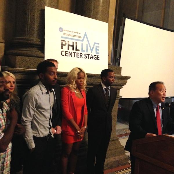 From right: Councilman David Oh, producer Calvin Higgins, singer GoGoMorrow, rapper Chill Moody and PHL Live Project Manager Stephanie Seiple at City Hall | Photo by John Vettese