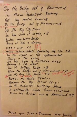 From the 'Didn't It Rain' session, Jennie Bedford's lyric work sheet to "Steve Albini's Blues"