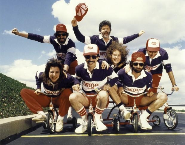 Helen Leicht and the IOQ staff (featuring David Dye up top) when it anchored the CoreStates bike race | photo courtesy of Helen Leicht